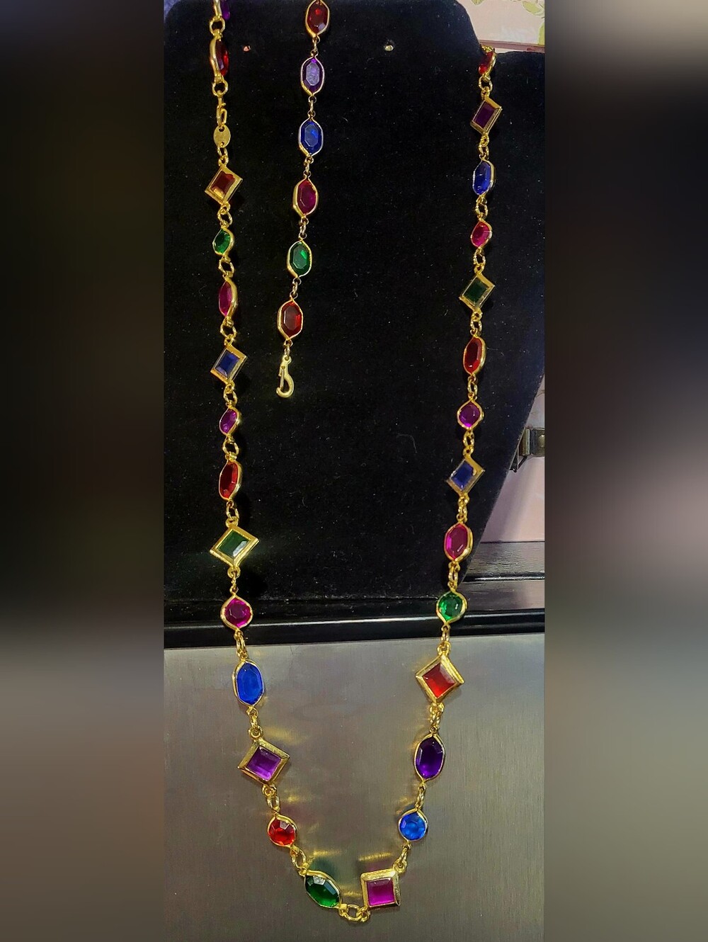 Vtg Gold Tone Multicolor Acrylic Gem Bezel Station 30" Necklace & 7" Bracelet